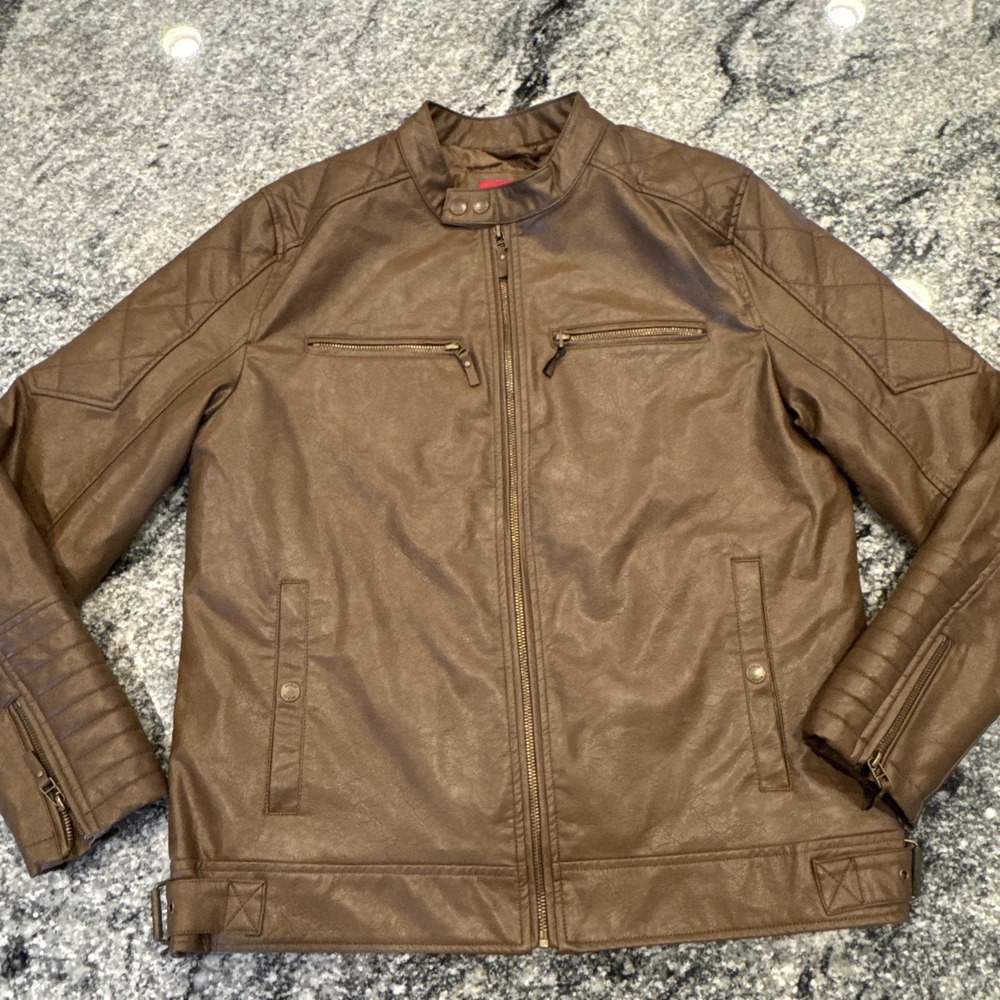Guess Men's Brown Faux-Leather Motorcycle Jacket Coat Size L #943